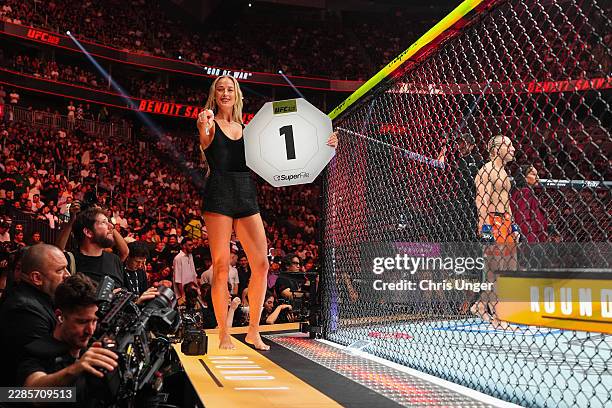Sophie Cunningham announces a round in a lightweight fight during the UFC 329 event at T-Mobile Arena on July 11, 2026 in Las Vegas, Nevada.