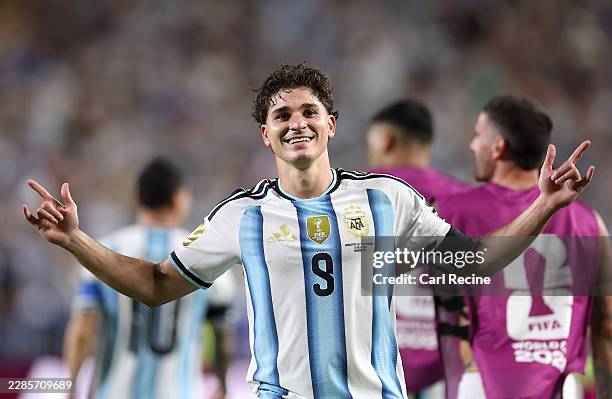 Julian Alvarez of Argentina celebrates scoring his team's second goal during the FIFA World Cup 2026 Quarter Final match between Argentina and...