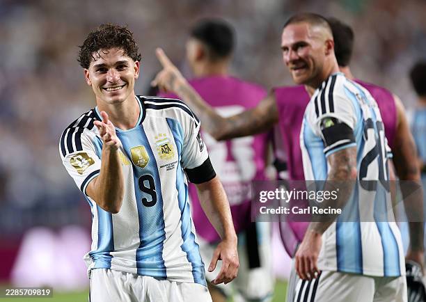 Julian Alvarez of Argentina celebrates scoring his team's second goal during the FIFA World Cup 2026 Quarter Final match between Argentina and...