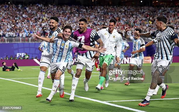 Julian Alvarez of Argentina celebrates with teammates after scoring his team's second goal during the FIFA World Cup 2026 Quarter Final match between...