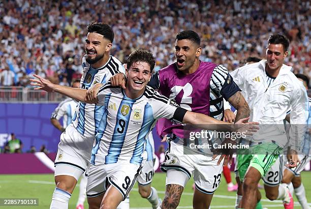 Julian Alvarez of Argentina celebrates with teammates after scoring his team's second goal during the FIFA World Cup 2026 Quarter Final match between...
