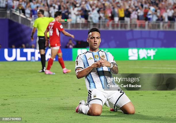 Lautaro Martinez of Argentina celebrates scoring his team's third goal during the FIFA World Cup 2026 Quarter Final match between Argentina and...