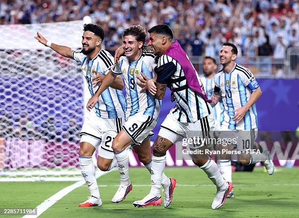 Julian Alvarez of Argentina celebrates with teammates after scoring his team's second goal during the FIFA World Cup 2026 Quarter Final match between...