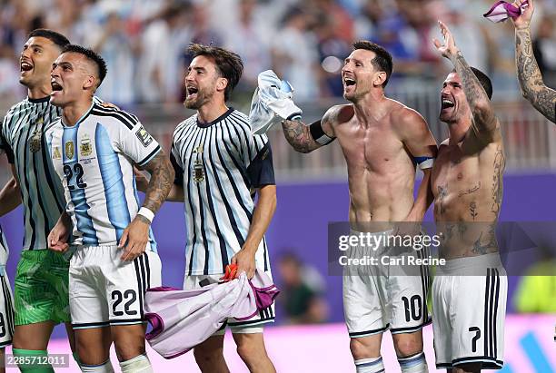 Lionel Messi and Rodrigo De Paul of Argentina applaud fans after the 3-1 victory during the FIFA World Cup 2026 Quarter Final match between Argentina...