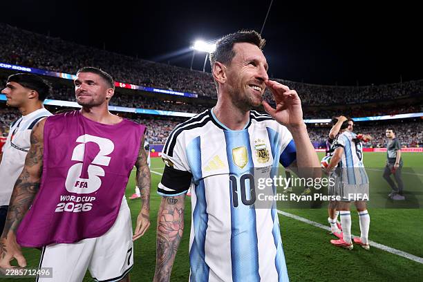 Lionel Messi of Argentina celebrates after the 3-1 victory during the FIFA World Cup 2026 Quarter Final match between Argentina and Switzerland at...