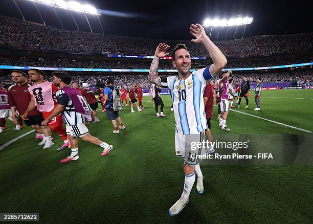 Lionel Messi of Argentina applauds fans after the 3-1 victory during the FIFA World Cup 2026 Quarter Final match between Argentina and Switzerland at...