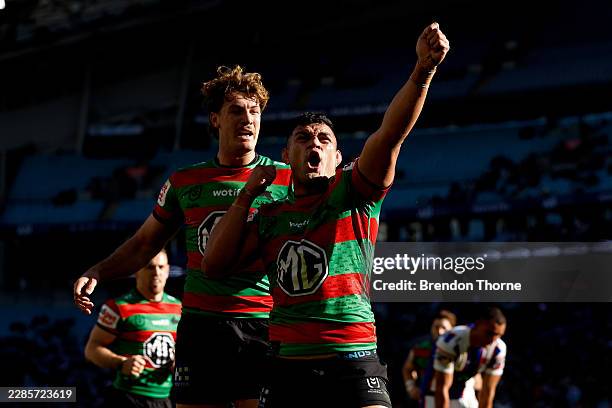 David Fifita of the Rabbitohs celebrates scoring a try during the round 19 NRL match between South Sydney Rabbitohs and Newcastle Knights at Accor...