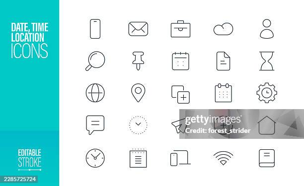 date, time, location line icon set editable stroke - calendar date stock illustrations