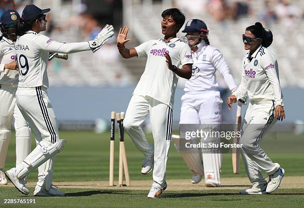 India bowler Kranti Gaud celebrates the wicket of England batter Tammy Beaumont for 0 in her final innings during day three of the 1st Women's...