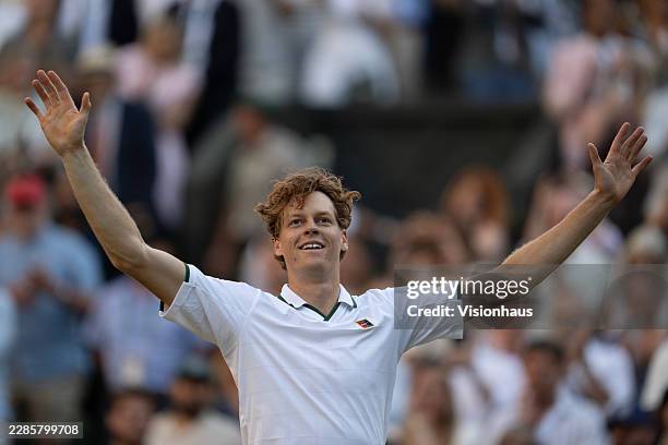 Jannik Sinner of Italy celebrates victory against Alexander Zverev of Germany in the Gentlemen's Singles final on day fourteen of The Championships...