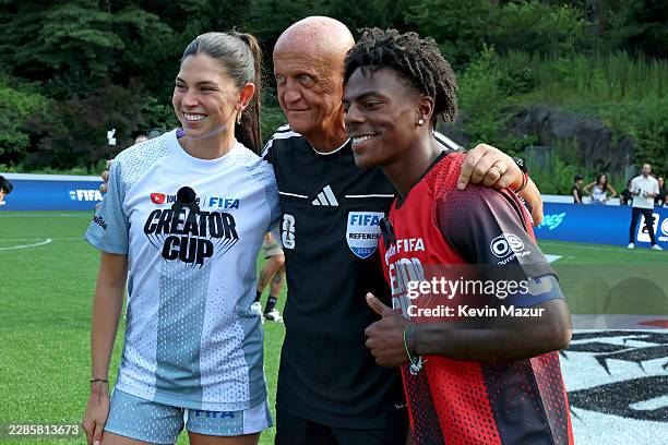 Céline Dept, Pierluigi Collina, and IShowSpeed attend the YouTube FIFA Creator Cup at Wollman Rink in Central Park on July 12, 2026 in New York City.