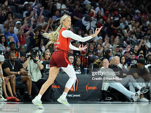 Sophie Cunningham of the Indiana Fever gestures after hitting a 3-pointer against the Las Vegas Aces in the fourth quarter of their game at Michelob...