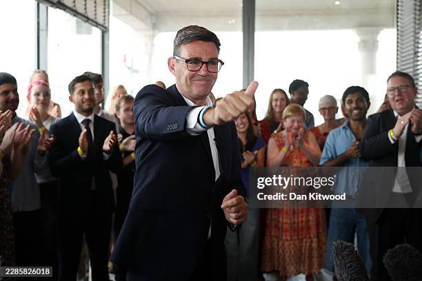 Leader of the Labour Party Andy Burnham gives a thumbs up during a speech on Gravesend Town Pier, as he makes his first official visit as leader on...