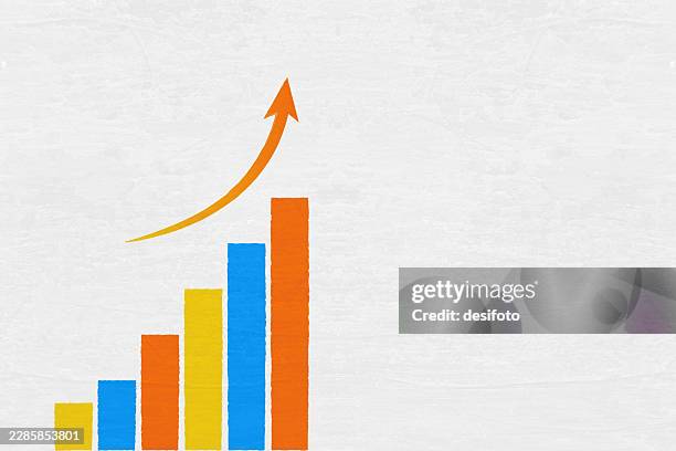 colorful bar graph chart with rising progressing curved up arrow painted over scratched rough blank white light gray vector background with copy space for success, business strategy, growth - growth chart white background stock illustrations