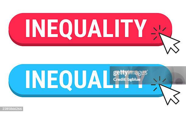 inequality - red and blue buttons with cursor on white background - duality logo stock illustrations