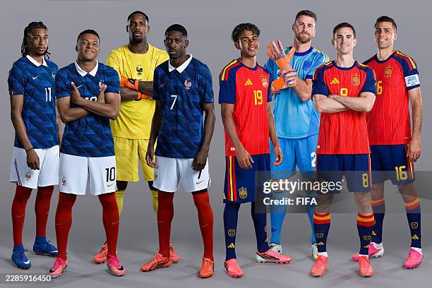 In this photo illustration, Michael Olise, Kylian Mbappe, Mike Maignan and Ousmane Dembele of France and Lamine Yamal, Unai Simon, Fabian Ruiz and...