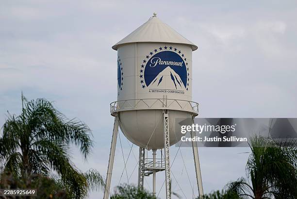 In an aerial view, othe Paramount logo is displayed on a water tower at the Paramount Studios lot on July 13, 2026 in Los Angeles, California. Twelve...