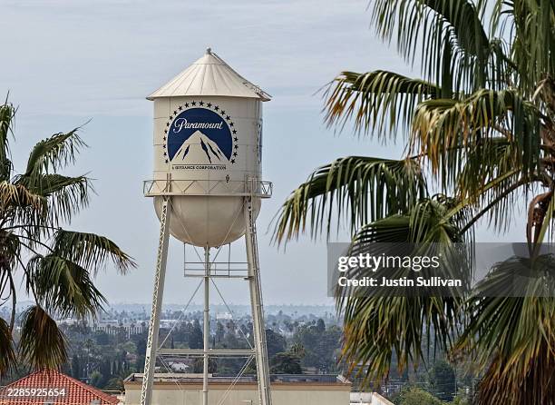 In an aerial view, the Paramount logo is displayed on a water tower at the Paramount Studios lot on July 13, 2026 in Los Angeles, California. Twelve...