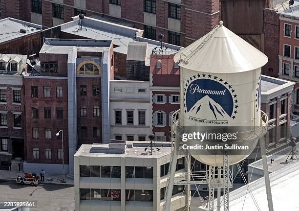 In an aerial view, the Paramount logo is displayed on a water tower at the Paramount Studios lot on July 13, 2026 in Los Angeles, California. Twelve...