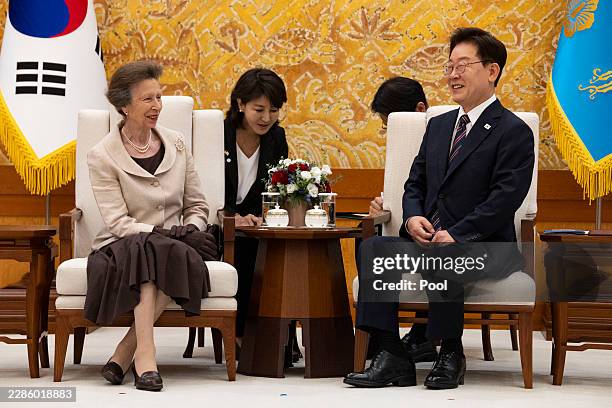 Britain's Princess Anne, the Princess Royal , talks with South Korean President Lee Jae Myung during their meeting at the Predential Blue House on...