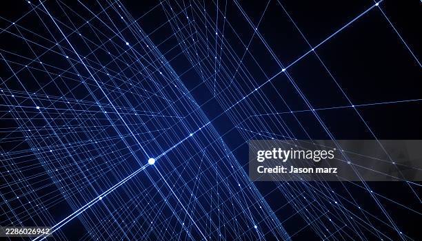 futuristic 3d digital wireframe grid in deep blue space - myelinated axon stock pictures, royalty-free photos & images