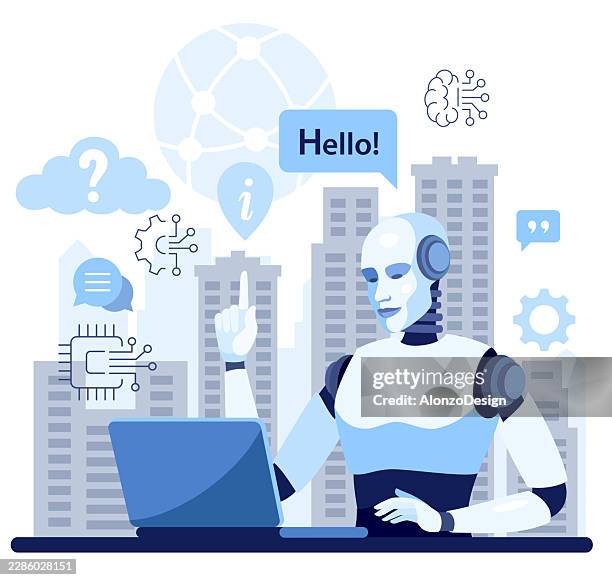 ai chatbot assistant working on laptop with digital technology and smart automation concepts vector illustration - database management stock illustrations