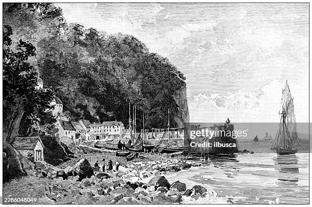 clovelly, devon, pier - devon village stock illustrations