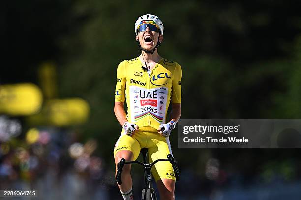 Tadej Pogacar of Slovenia and UAE Team Emirates - XRG - Yellow Leader Jersey celebrates at finish line as stage winner during the 113th Tour de...