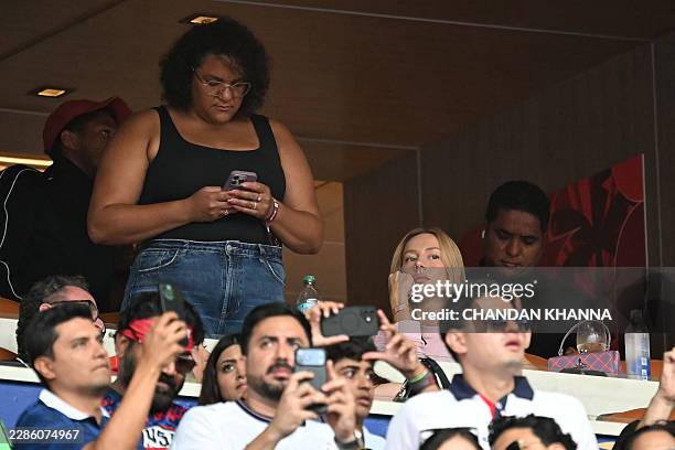 Spanish actress Ester Exposito attends the 2026 World Cup football tournament third-place match between France and England at the Miami Stadium in...
