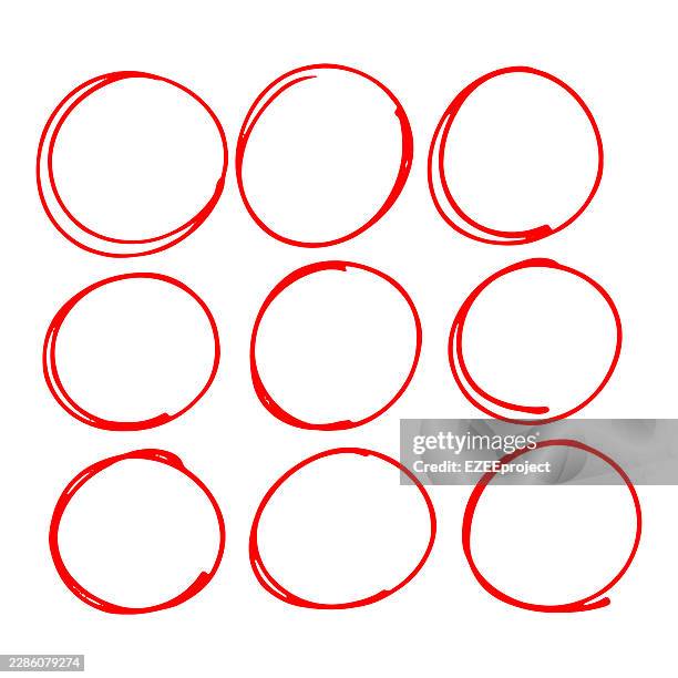 hand drawn red circle scribble set illustration. red marker circle doodle collection vector. sketchy red circle frame icon set design. highlight circle doodle elements for design - looking over edge stock illustrations
