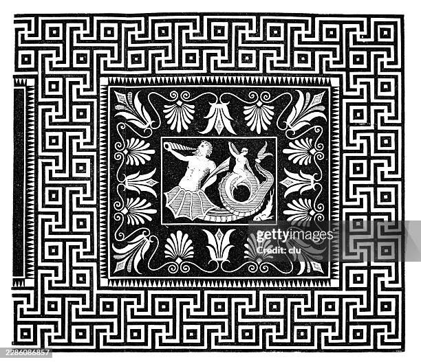 illustrations, cliparts, dessins animés et icônes de sol en mosaïque du temple de zeus à olympie - grèce — des bordures géométriques de méandres entourent une scène mythologique marine centrale avec une figure masculine, une créature marine et des ornements floraux - archéologie