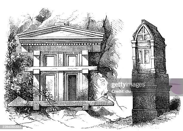 lycian rock-cut tomb façades from ancient lycia — reconstructed temple-like funerary monuments carved into cliffs, with a freestanding pillar tomb, anatolia, circa 600 bc - dolmen stock illustrations