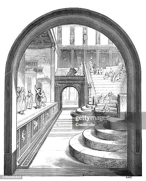 interior of the small theater at pompeii — spectators gather on the curved stone seating while robed figures converse along the decorated stage passage, pompeii - ancient stock illustrations