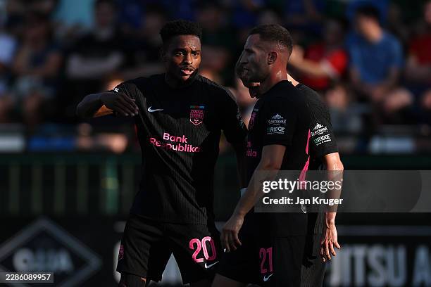 Joy-Lance Mickels of Sabah FK celebrates scoring his sides first goal during the UEFA Champions League 2026/27 First Qualifying Round second leg...
