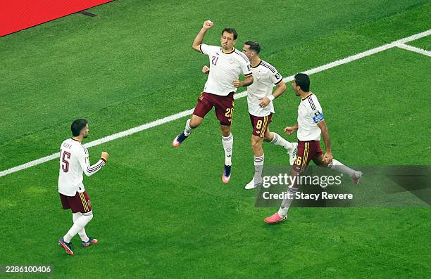 Mikel Oyarzabal of Spain celebrates with teammates after converting a penalty to score the team's first goal during the FIFA World Cup 2026 Semi...