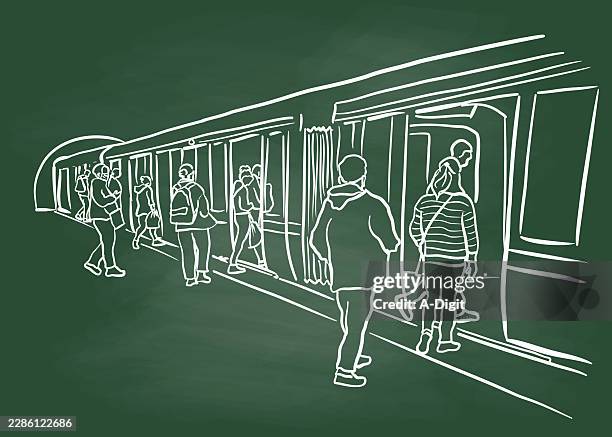 daily train to work chalkboard - crowded subway stock illustrations