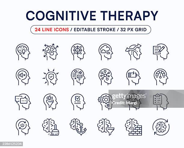 cognitive therapy editable line icon set - insane asylum stock illustrations