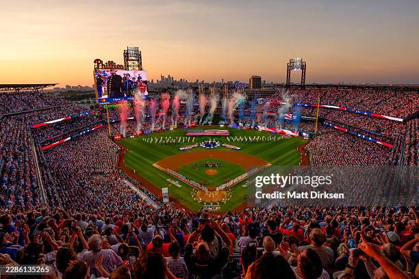 High home general view at sunset during the U.S. National Anthem prior to the MLB All-Star Game at Citizens Bank Park on July 14, 2026 in...