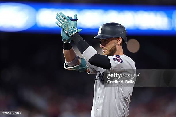 Cody Bellinger of the New York Yankees celebrates after hitting a single in the first inning of the 2026 MLB All-Star Game at Citizens Bank Park on...