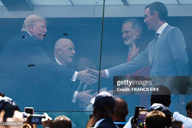 President Donald Trump shakes hands with Spain's Prime Minister Pedro Sanchez next to FIFA President Gianni Infantino , Spain's King Felipe VI , and...