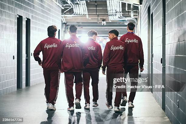 Spain players prepare to inspect the pitch before the FIFA World Cup 2026 Semi Final match between France and Spain at Dallas Stadium on July 14,...