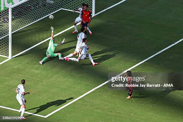 Ferran Torres of Spain scores their first goal during the FIFA World Cup 2026 Final match between Spain and Argentina at New York New Jersey Stadium...