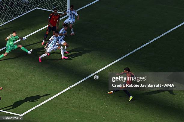 Ferran Torres of Spain scores their first goal during the FIFA World Cup 2026 Final match between Spain and Argentina at New York New Jersey Stadium...