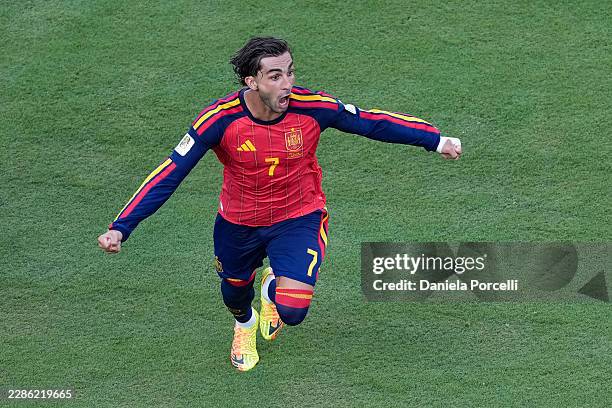 Ferran Torres of Spain celebrates after scoring his team's first goal during the FIFA World Cup 2026 Final match between Spain and Argentina at New...