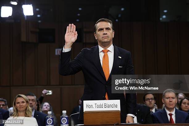 Acting Attorney General Todd Blanche gets sworn in at his confirmation hearing in front of the Senate Judiciary Committee on Capitol Hill July 15,...
