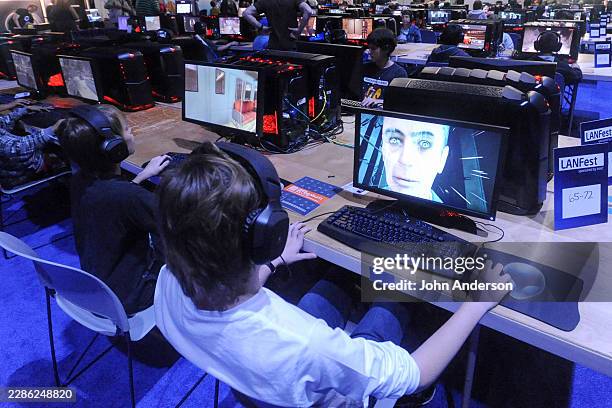 View of attendees as they participate in ScreenBurn Arcade's LANFest event, during the South By Southwest interactive conference, at the Austin...