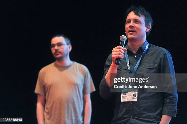 American Internet activist Gregg Housh and film director Brian Knappenberger participate in a Q&A discussion after a screening of 'We Are Legion: the...
