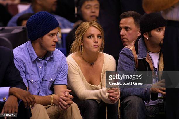 Justin Timberlake, Britney Spears, and Chris Kirkpatrick at the "NBA All-Star Game" at the First Union Center in Philadelphia, Pa. 2/10/02 Photo by...