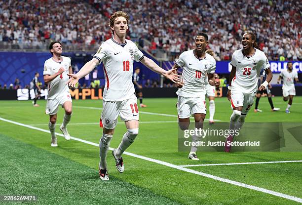 Anthony Gordon of England celebrates scoring his team's first goal during the FIFA World Cup 2026 Semi Final match between England and Argentina at...