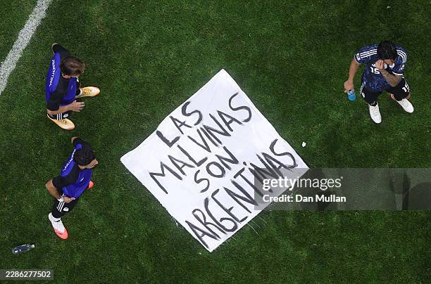 Banner is seen on the pitch following Argentina's 2-1 win during the FIFA World Cup 2026 Semi Final match between England and Argentina at Atlanta...